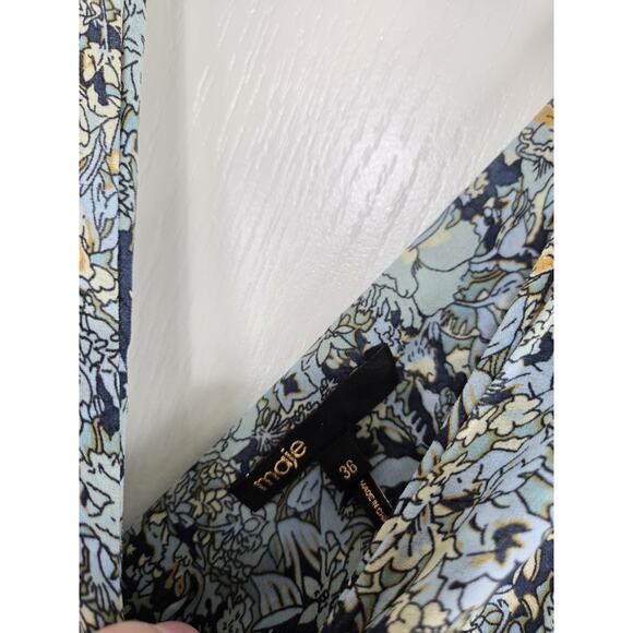 Maje Rachelli Blue Floral Chiffon Ruffled Elegant Midi Dress, Size Small (36) - Picture 2 of 15